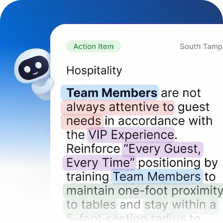 AI-powered coaching interface providing action plans based on guest feedback